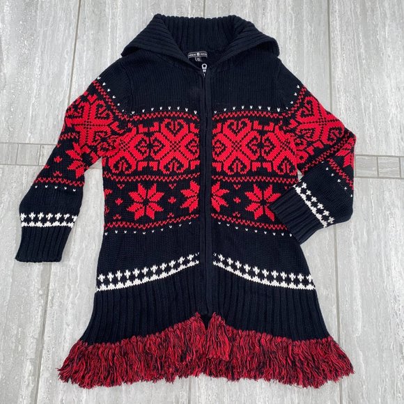 ABBIE MAGS Women's Christmas Knit Sweater Front Zip Tasseled Black/Red Size S/P - Picture 3 of 13